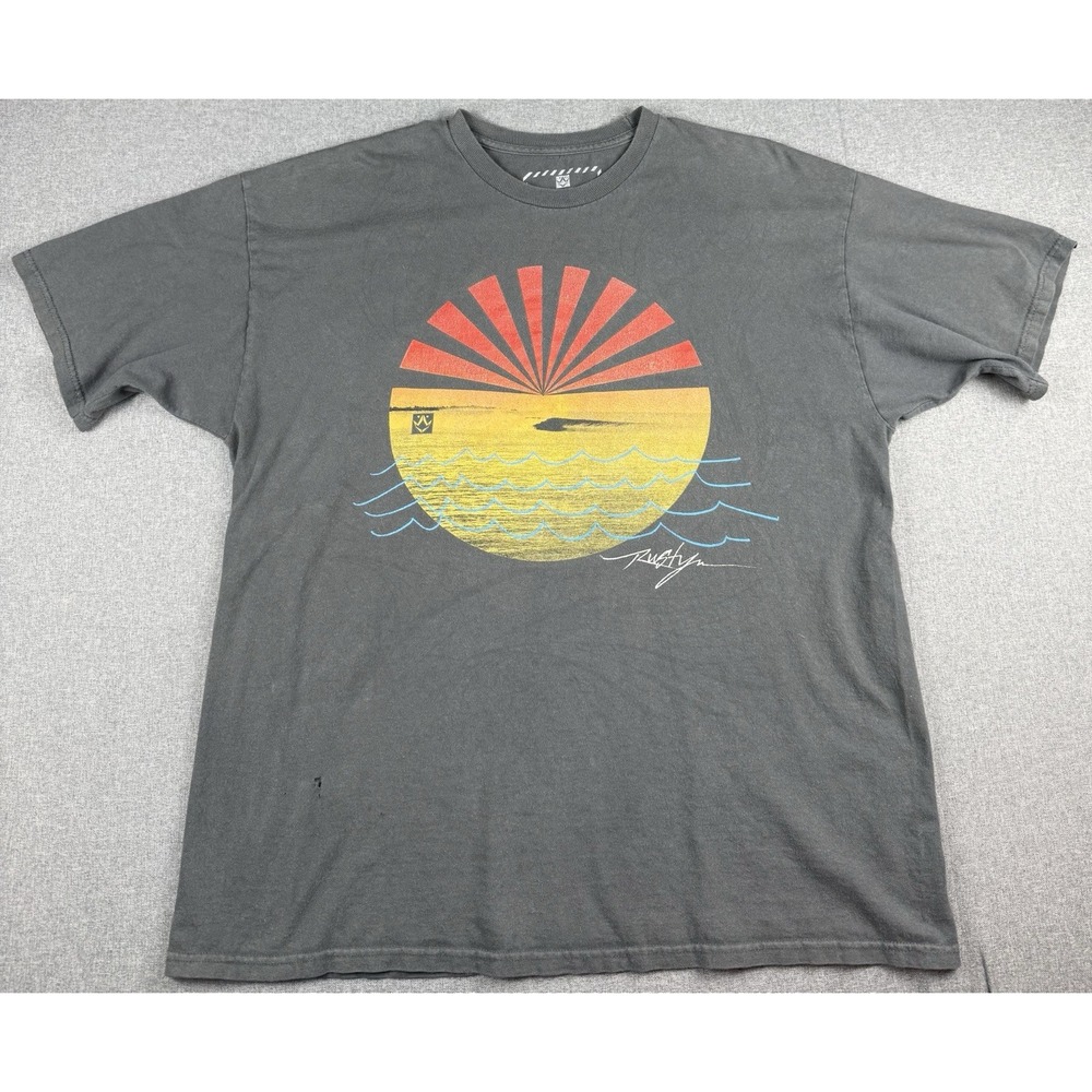 Rusty Sunset Ocean Graphic T Shirt Mens XL Gray Surf Beach Cotton Tee Pinholes